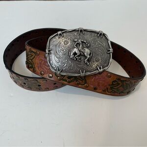 Floral Tooled Brown Leather Belt with Silver Western Buckle Bronc Rider Medium